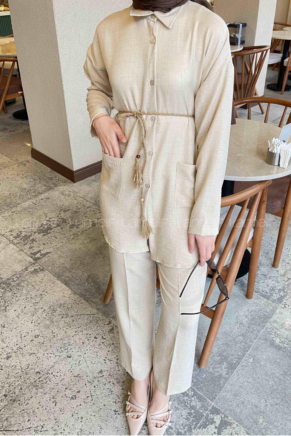 Cream Shirt Collar Long Arm Belted Linen Regular Trousers Linen Suit