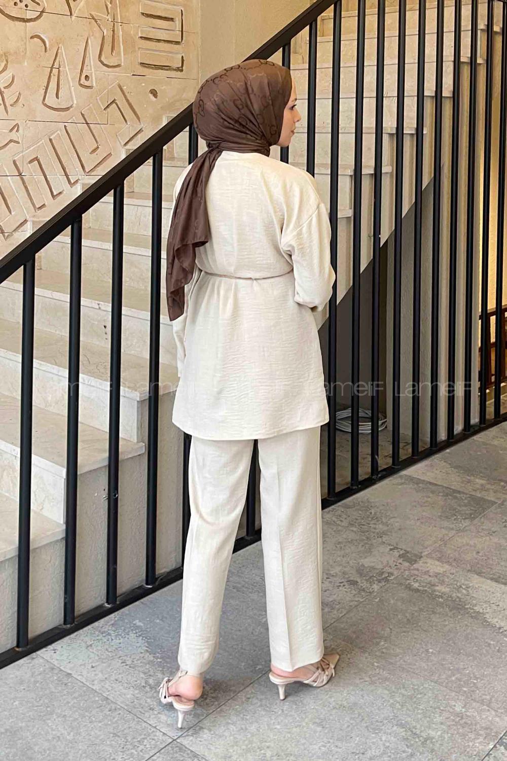 Cream Shirt Collar Long Arm Belted Linen Regular Trousers Linen Suit