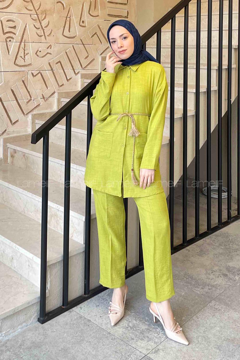 Oil Green Shirt Collar Long Arm Belted Linen Regular Trousers Linen Suit