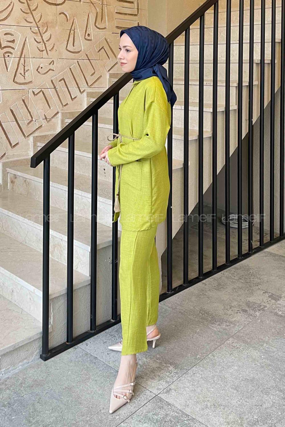 Oil Green Shirt Collar Long Arm Belted Linen Regular Trousers Linen Suit