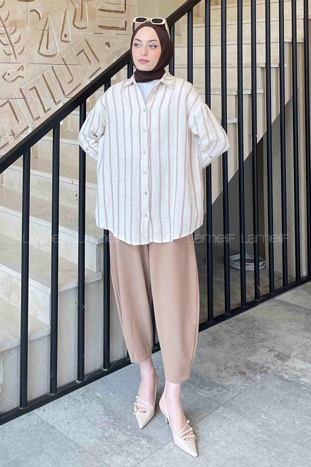 Lamelif Kalın Çizgi Detaylı Gömlek Kahve