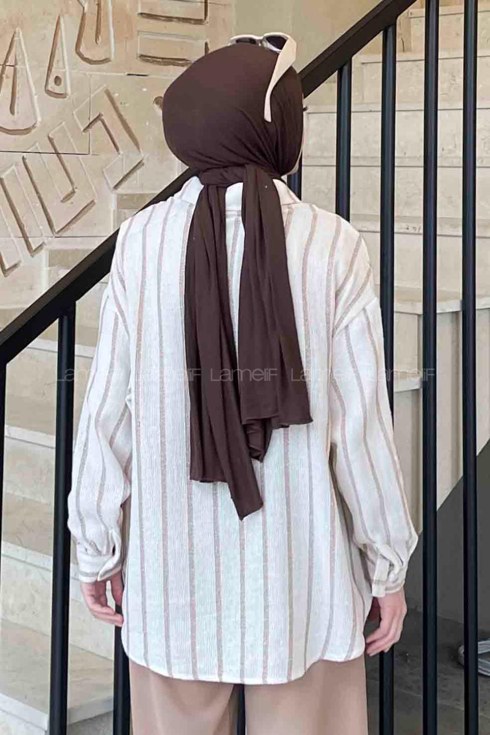 Lamelif Kalın Çizgi Detaylı Gömlek Kahve