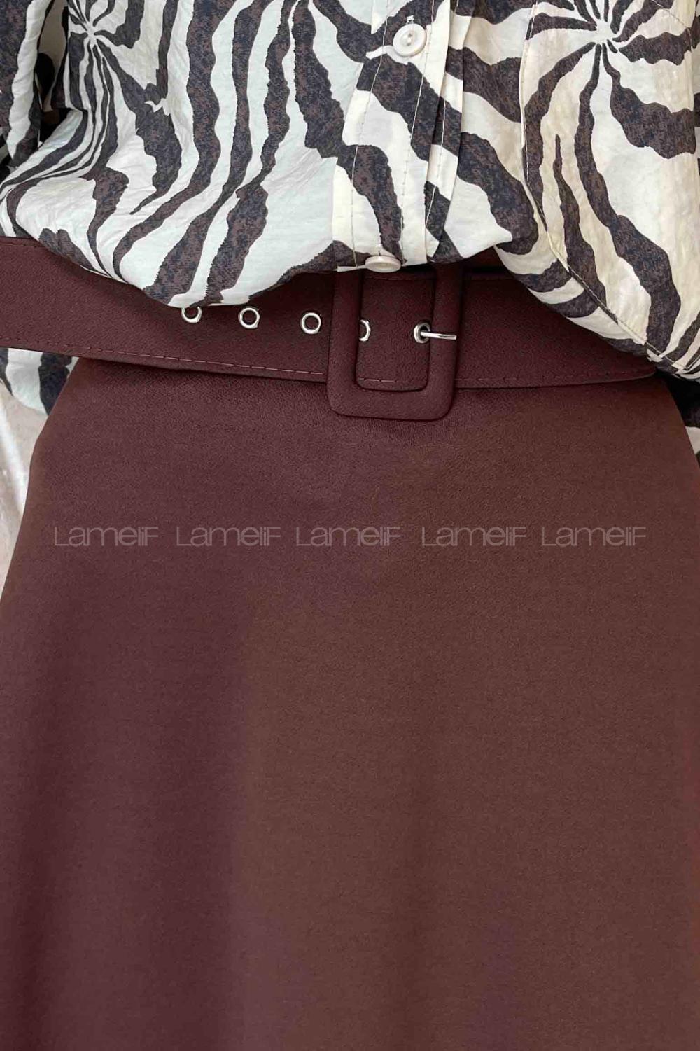 Lamelif Kalın Kemer Detaylı Kloş Etek Kahverengi