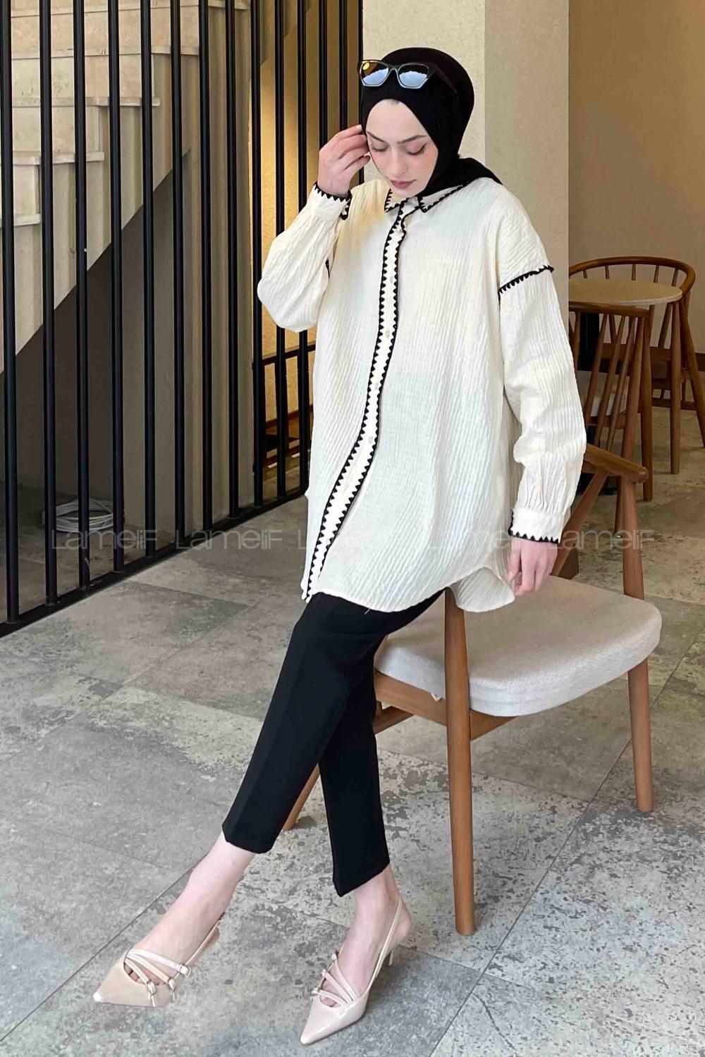 Lamelif Kontrast Nakışlı Gömlek Ekru