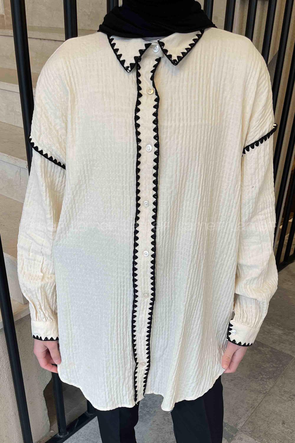 Lamelif Kontrast Nakışlı Gömlek Ekru