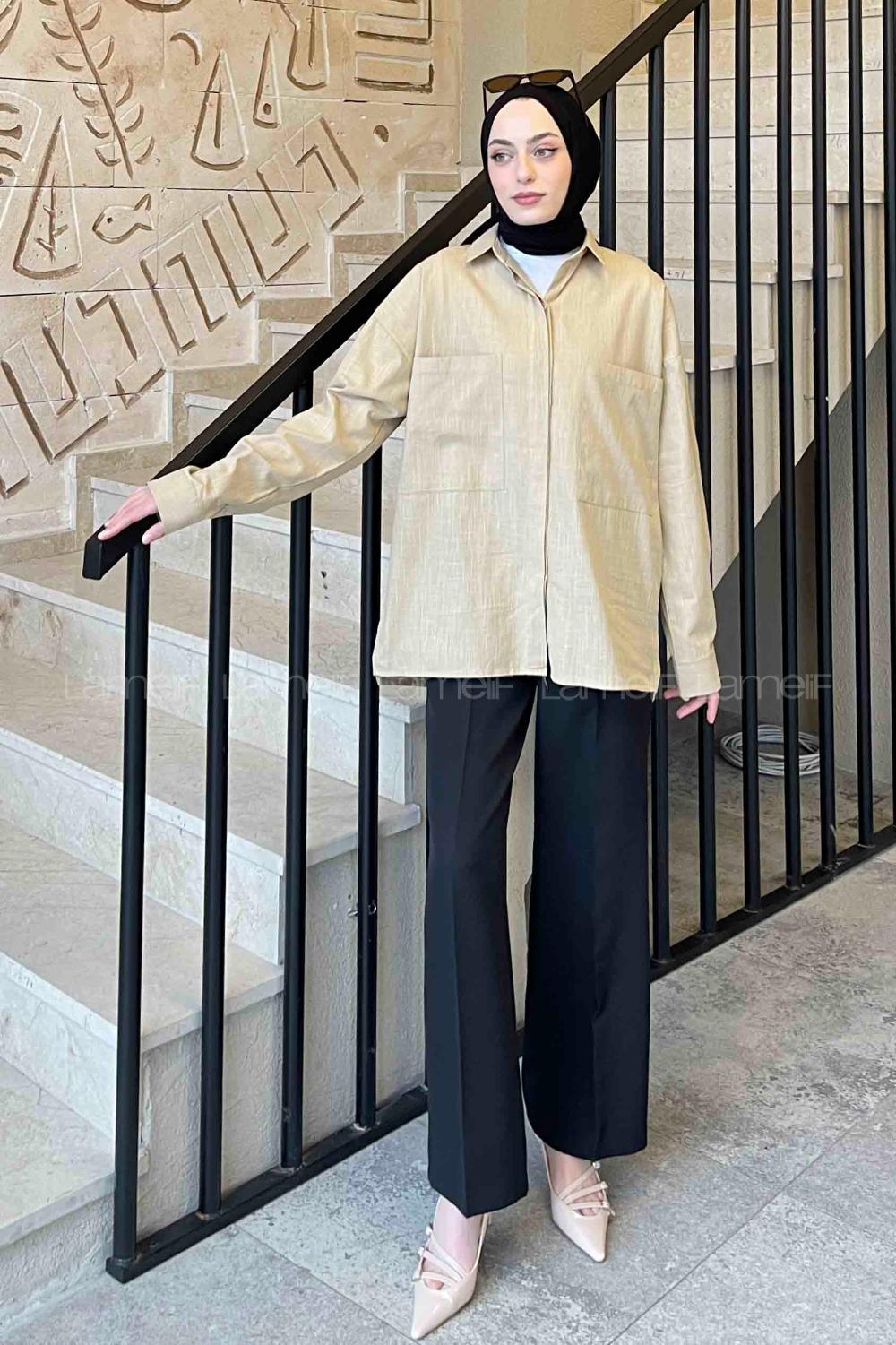 Beige Shirt Collar Long Arm Linen Unprinted Shirt