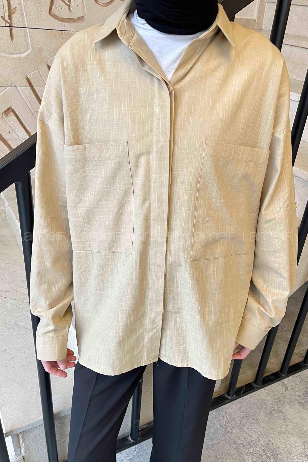 Beige Shirt Collar Long Arm Linen Unprinted Shirt