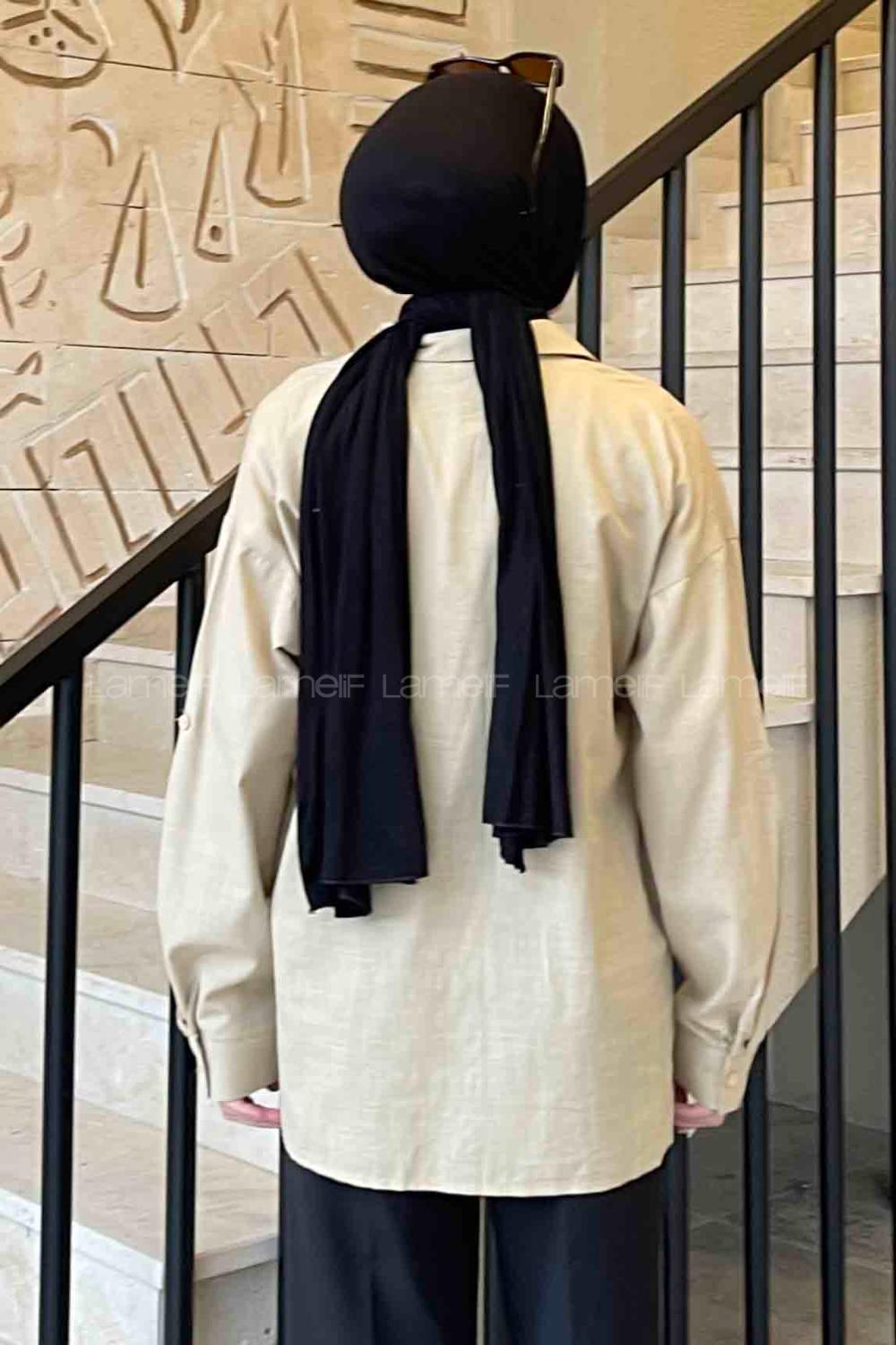 Beige Shirt Collar Long Arm Linen Unprinted Shirt