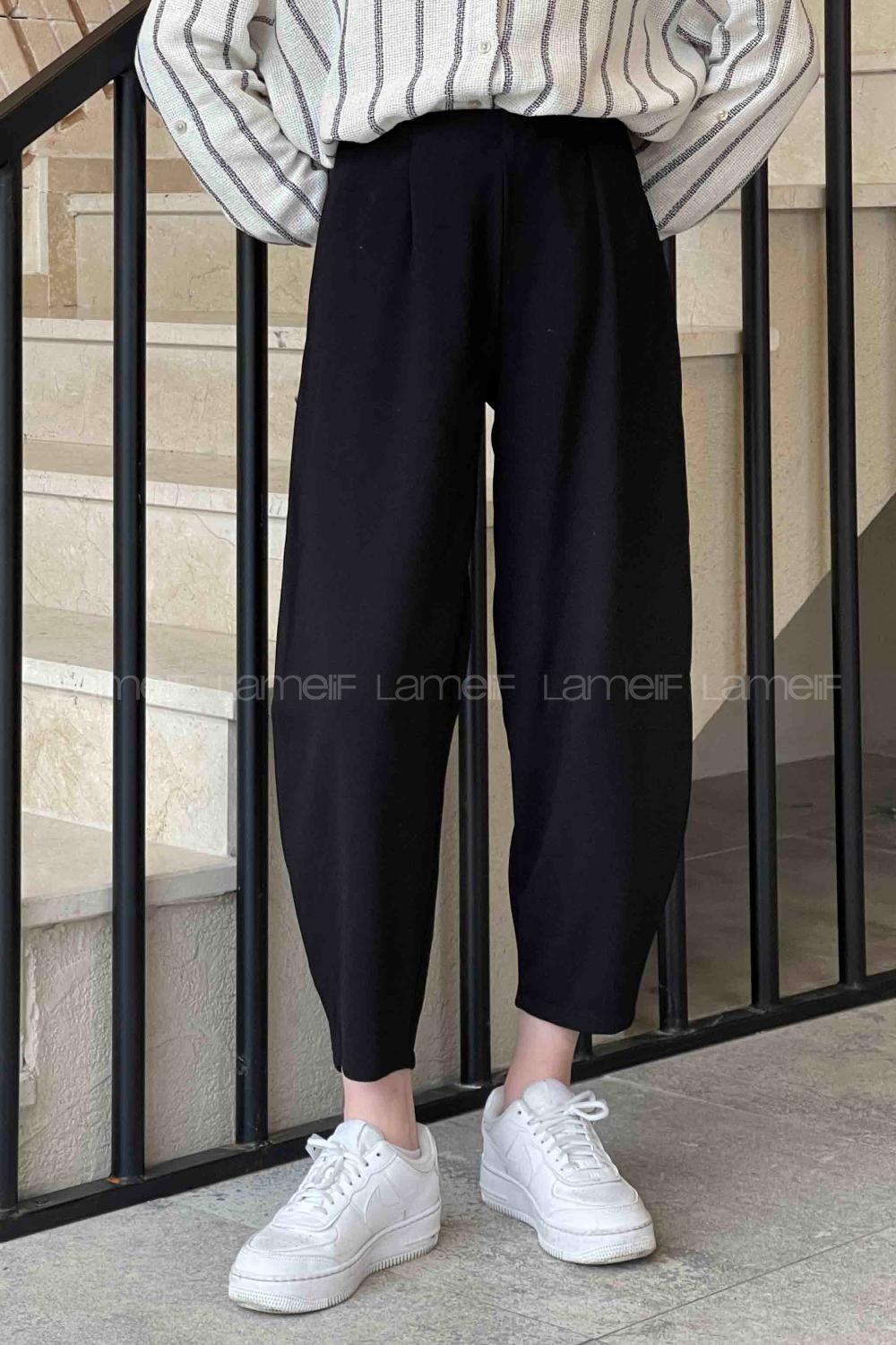 Lamelif Pensli Balon Mom Kumaş Pantolon  Siyah