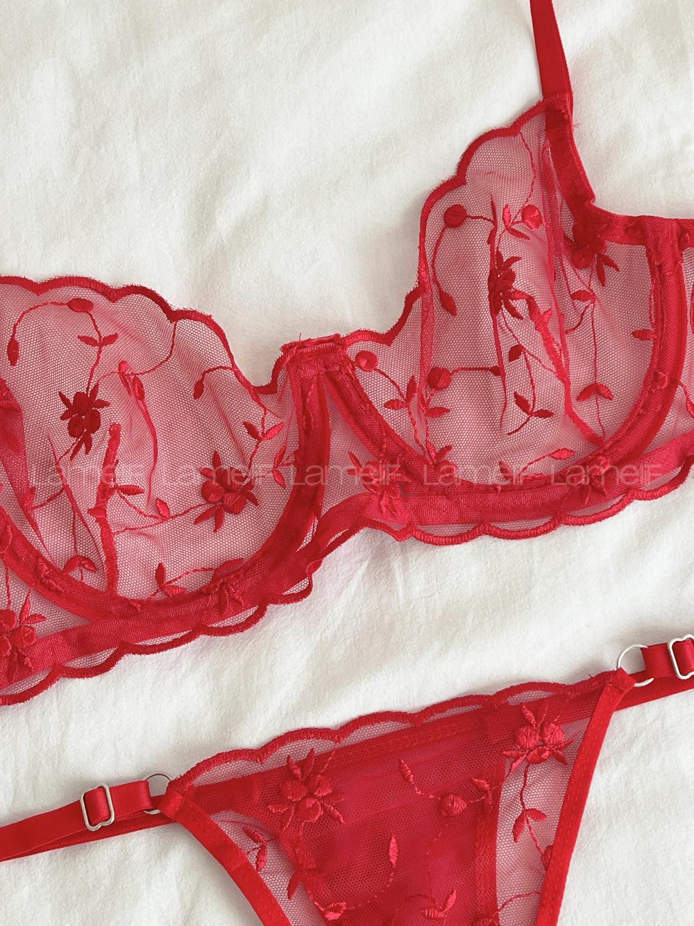 Lamelif Prenses Çiçekli Bra Tül Takım Kırmızı