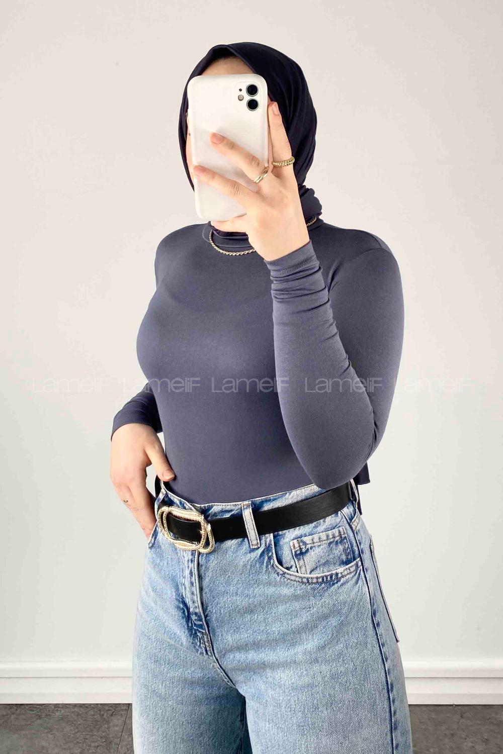 Lamelif Yarım Balıkçı Yaka Düz Renk Body Füme