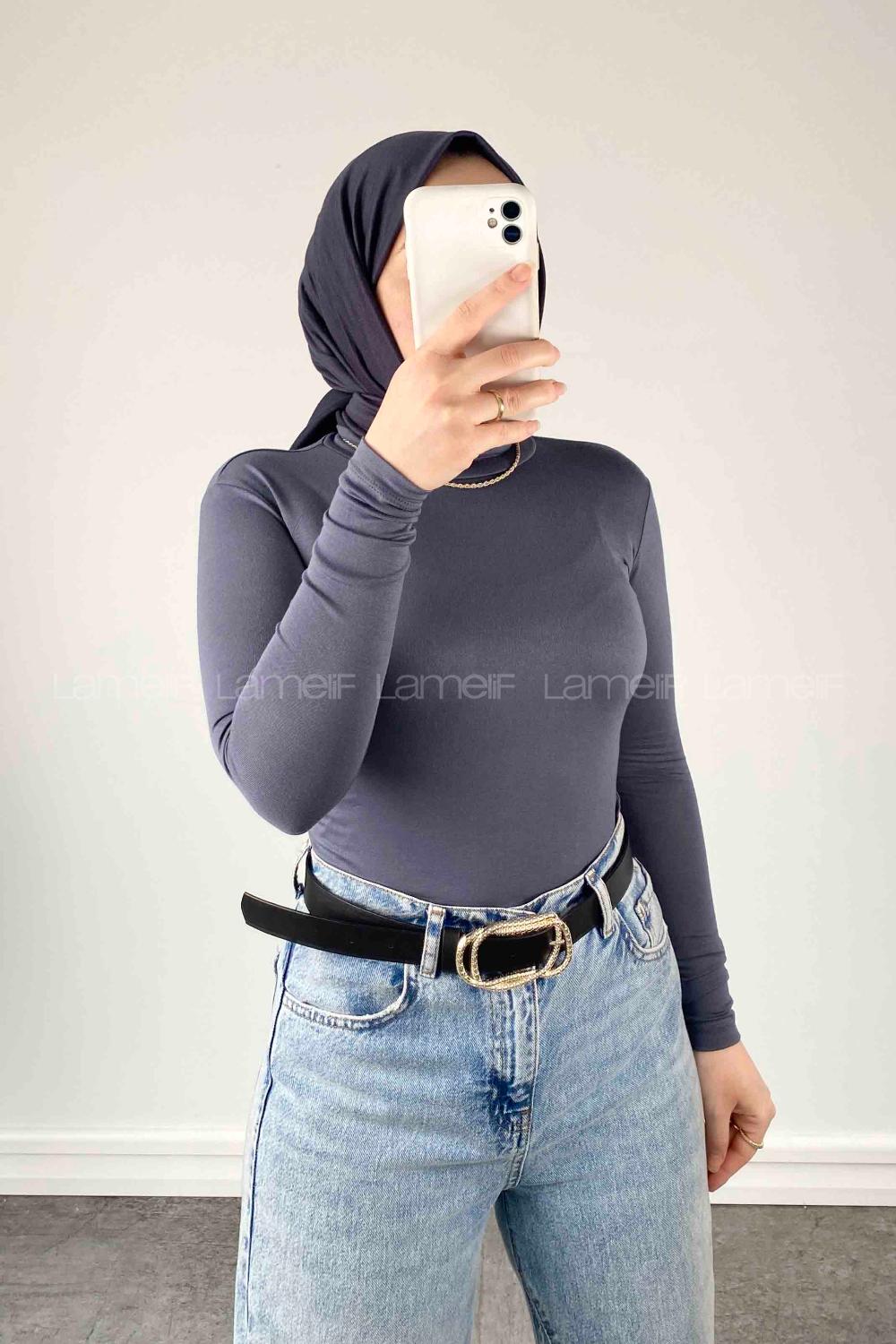 Lamelif Yarım Balıkçı Yaka Düz Renk Body Füme