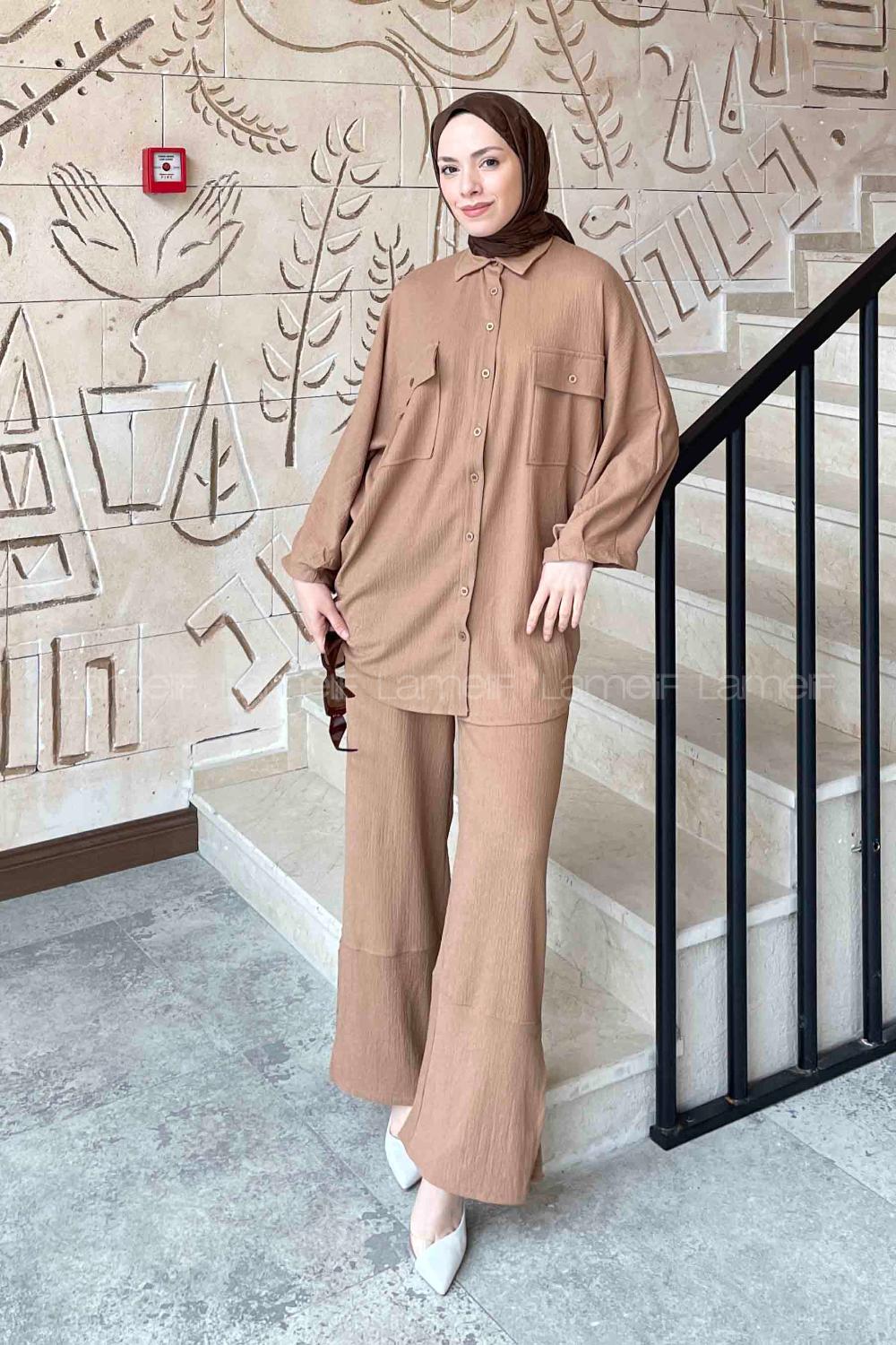 Soft Brown Shirt Collar Balloon Sleeve Arm Without Accessories Cotton Fabric Regular Trousers Comfortable Suit