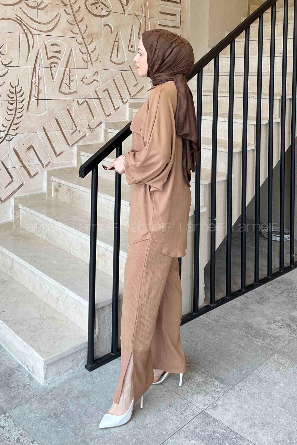 Soft Brown Shirt Collar Balloon Sleeve Arm Without Accessories Cotton Fabric Regular Trousers Comfortable Suit