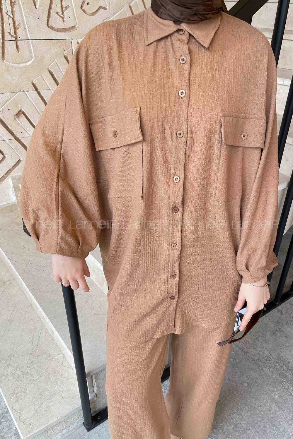 Soft Brown Shirt Collar Balloon Sleeve Arm Without Accessories Cotton Fabric Regular Trousers Comfortable Suit