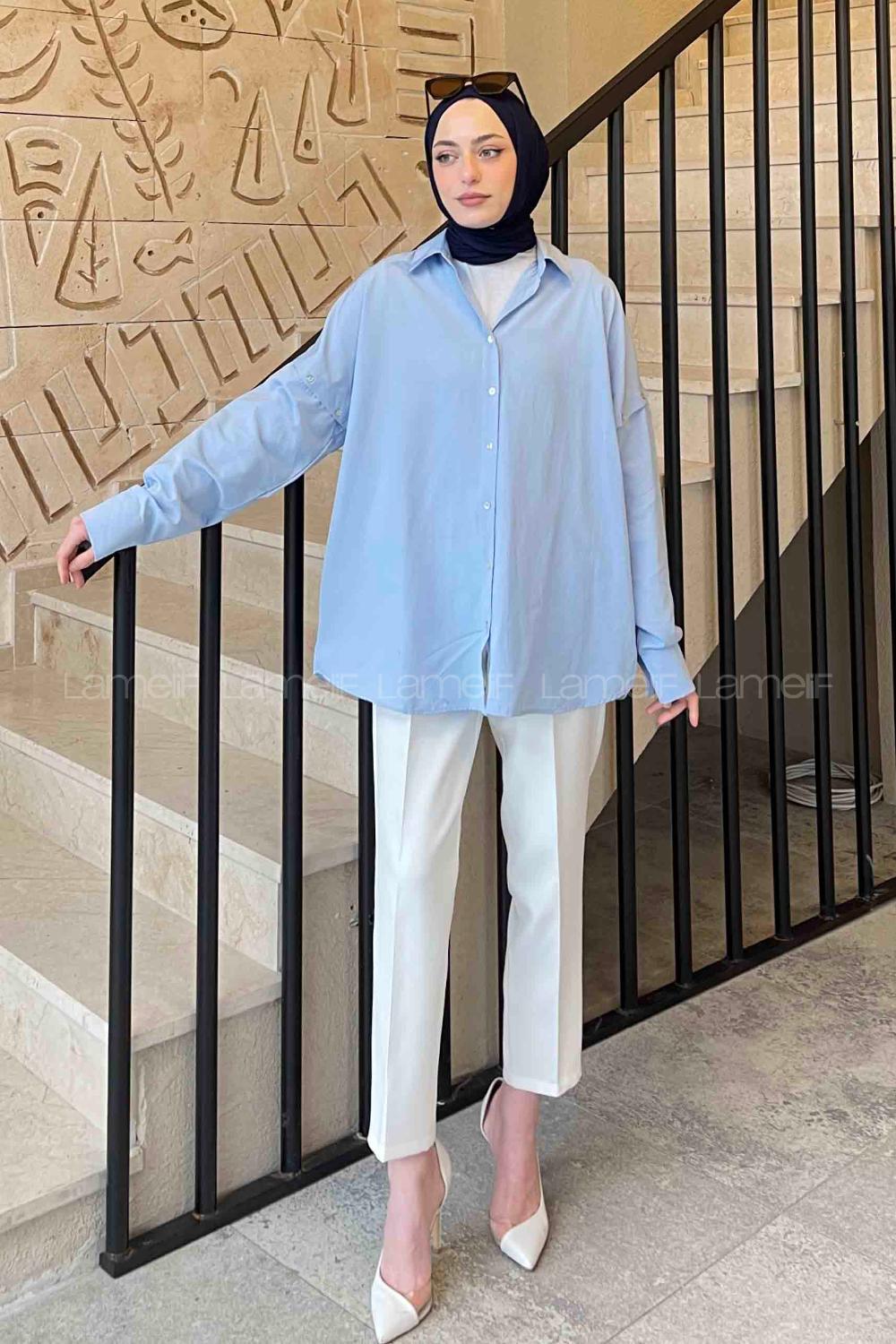 Lamelif Omuz Düğme Detaylı Gömlek Açık Mavi