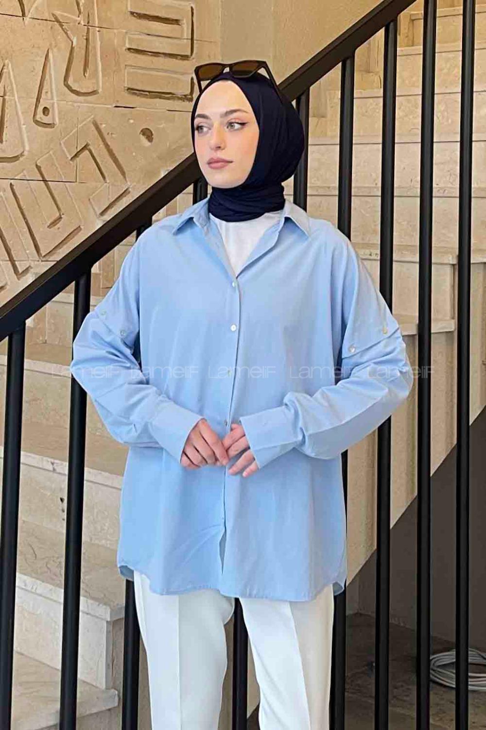 Lamelif Omuz Düğme Detaylı Gömlek Açık Mavi