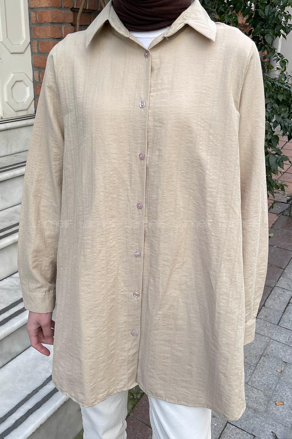 Lamelif Çizgi Geçişli Gömlek Bej