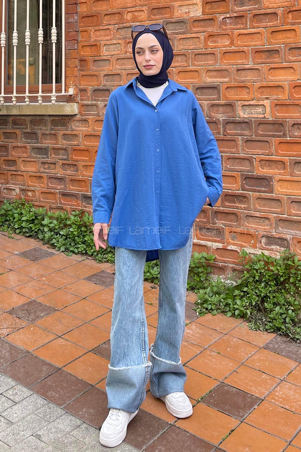 Lamelif Çizgi Geçişli Gömlek Mavi