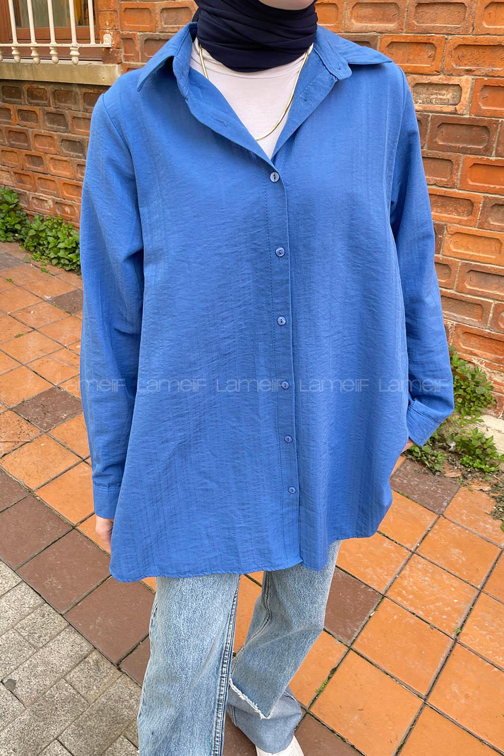 Lamelif Çizgi Geçişli Gömlek Mavi