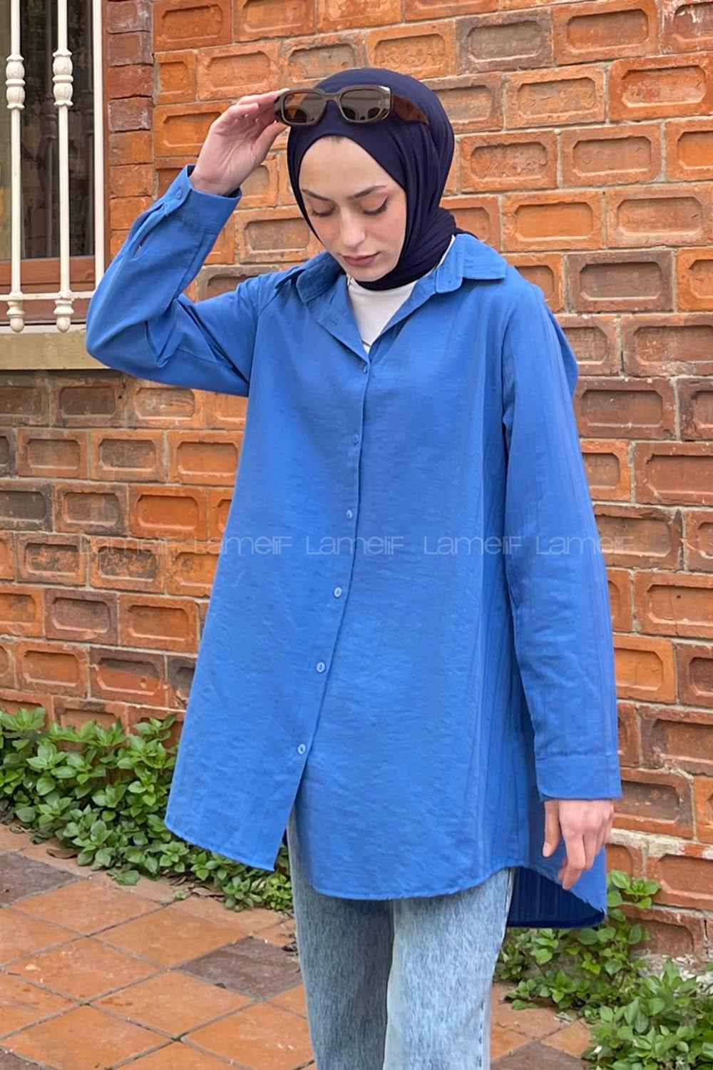 Lamelif Çizgi Geçişli Gömlek Mavi