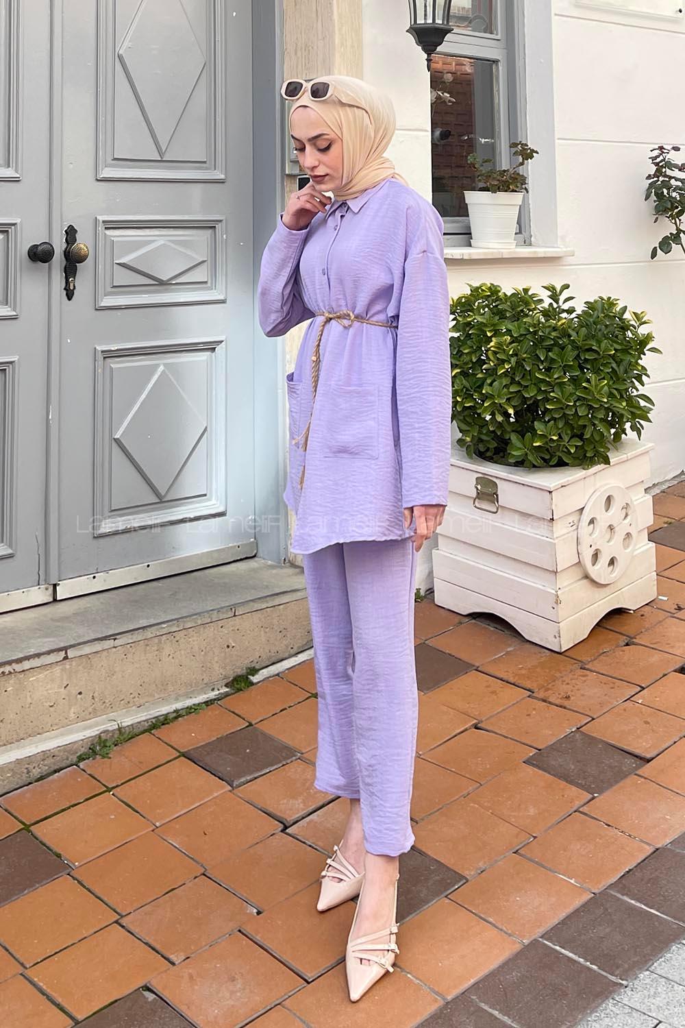 Lilac Shirt Collar Long Arm Belted Linen Regular Trousers Linen Suit