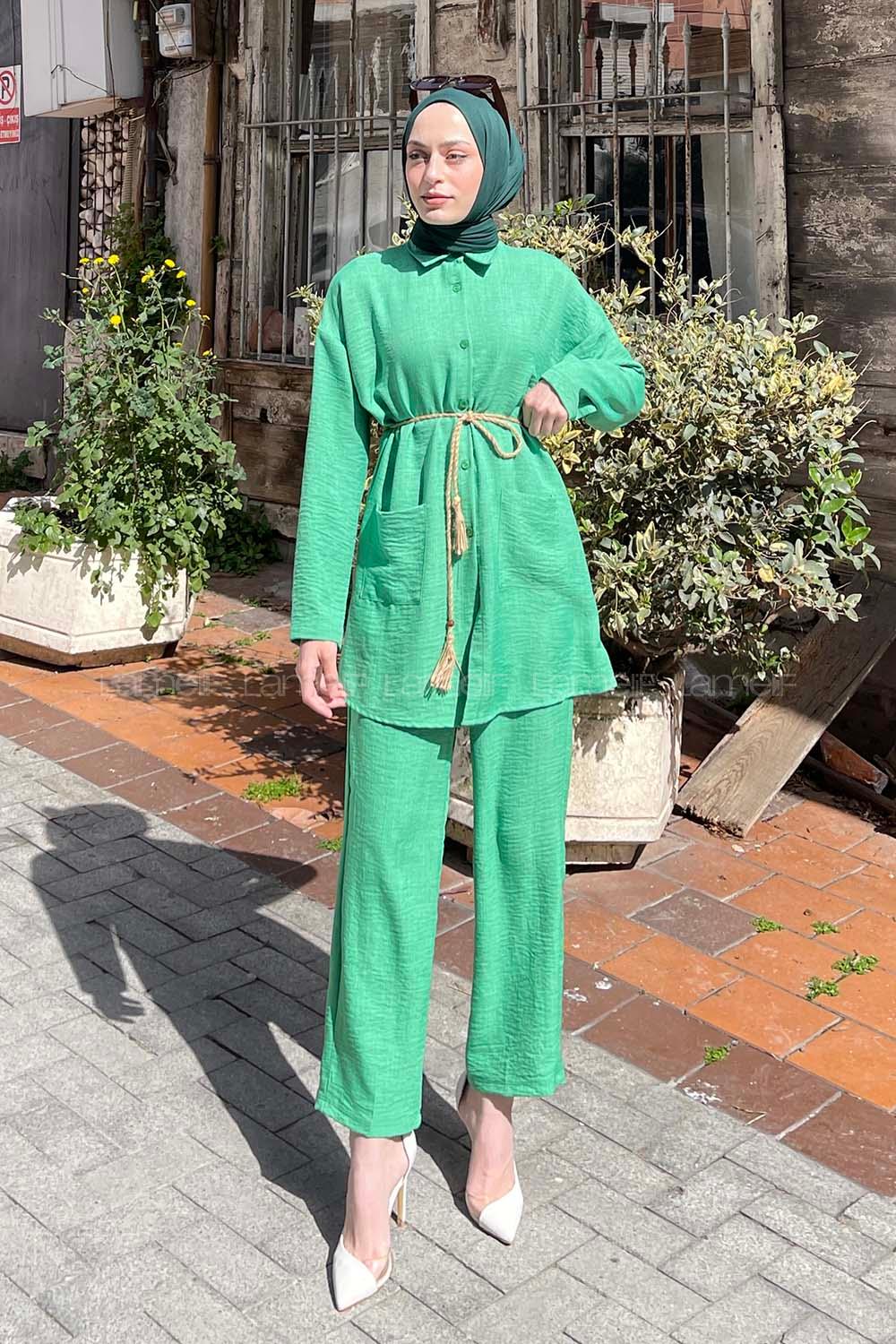 Green Shirt Collar Long Arm Belted Linen Regular Trousers Linen Suit
