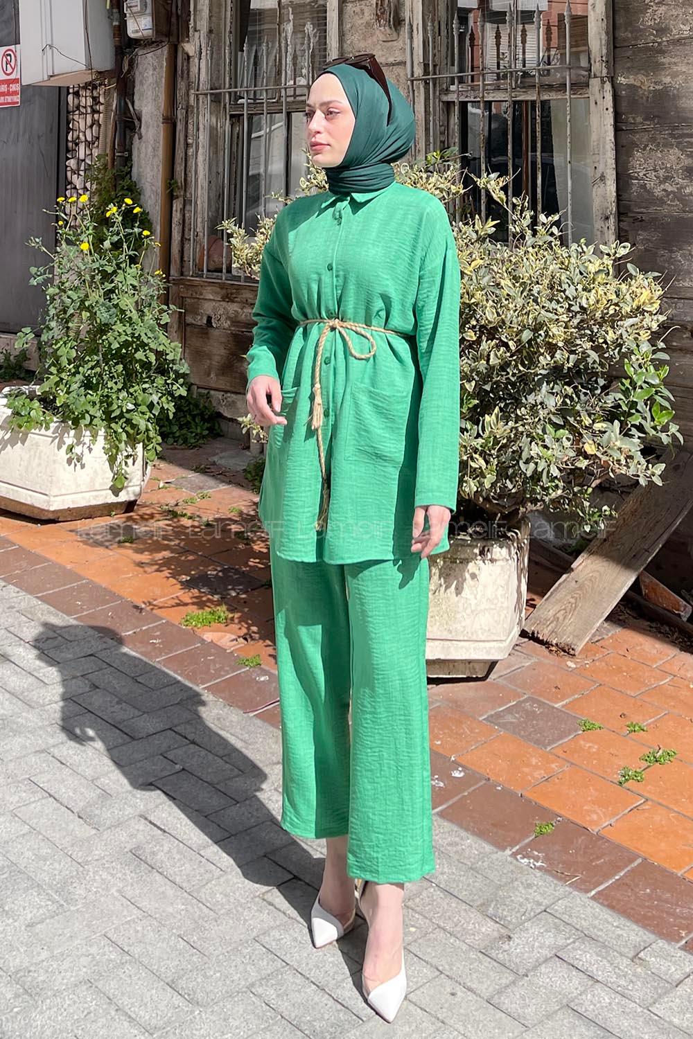 Green Shirt Collar Long Arm Belted Linen Regular Trousers Linen Suit