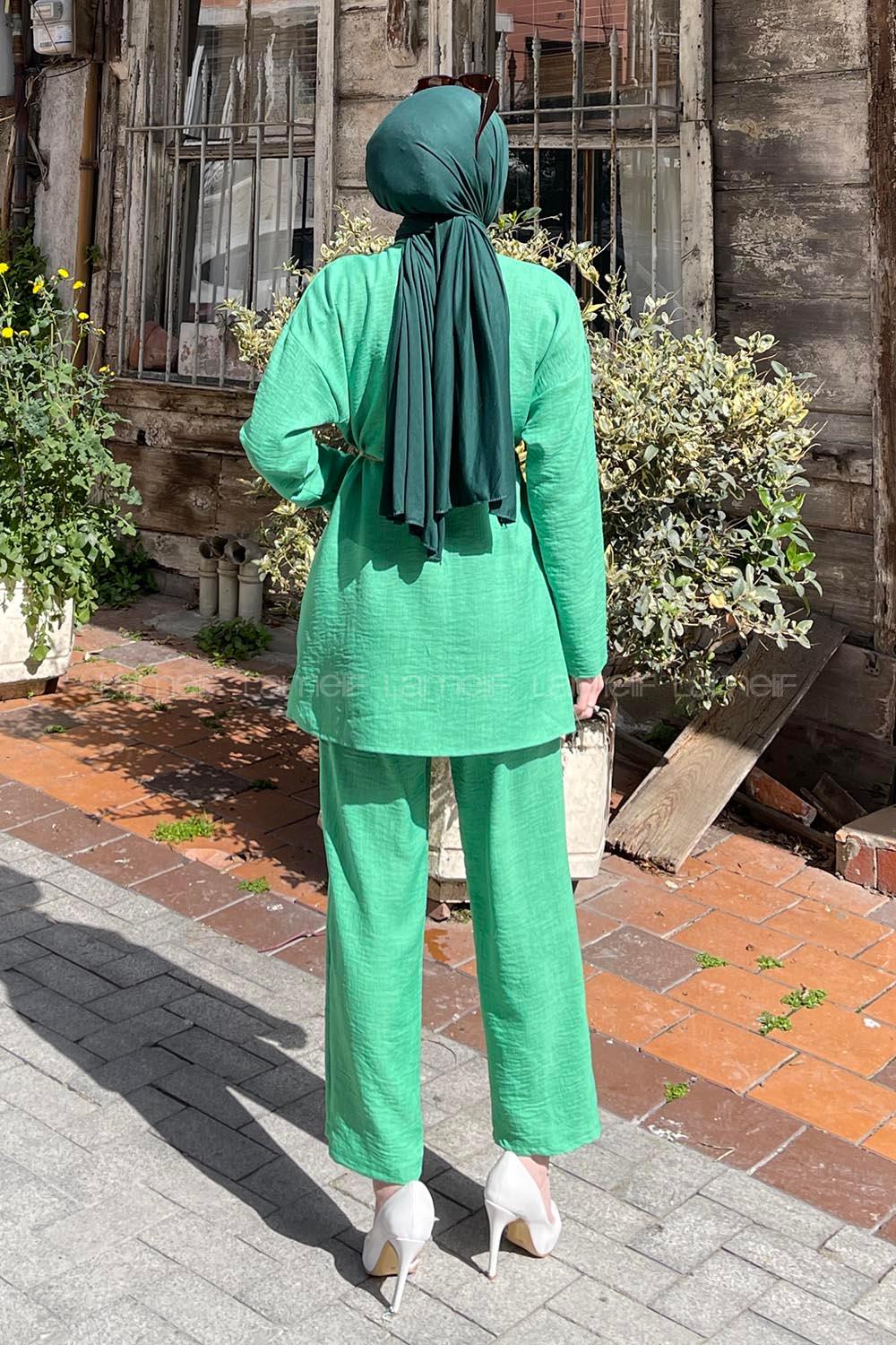 Green Shirt Collar Long Arm Belted Linen Regular Trousers Linen Suit