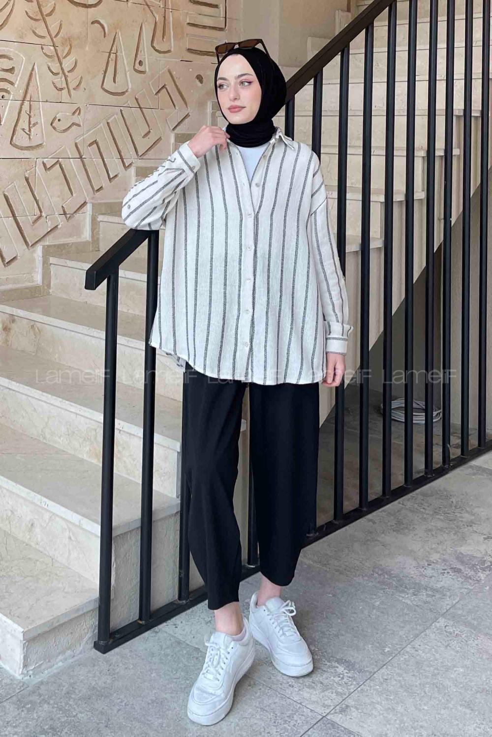 Lamelif Kalın Çizgi Detaylı Gömlek Siyah Beyaz