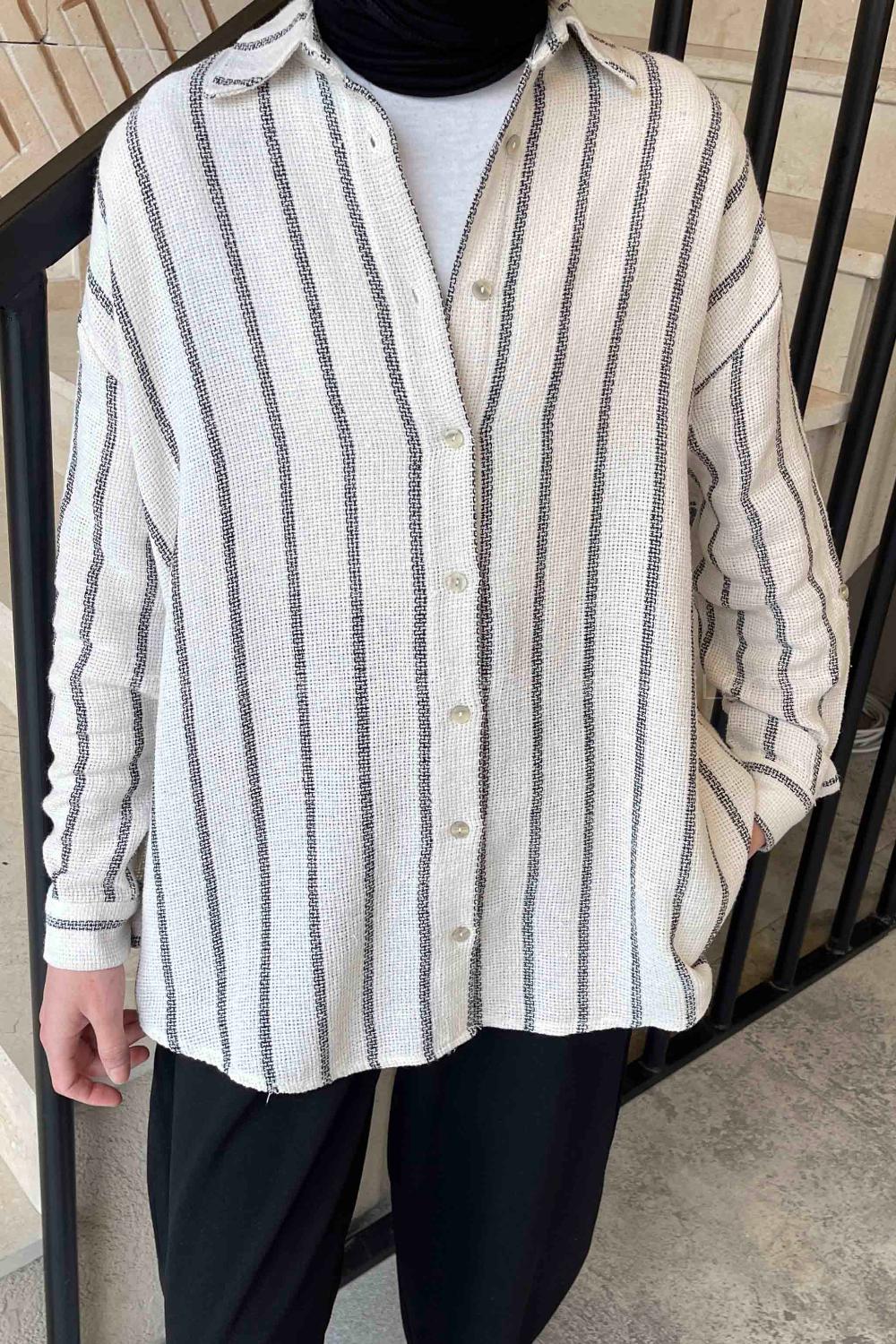 Lamelif Kalın Çizgi Detaylı Gömlek Siyah Beyaz