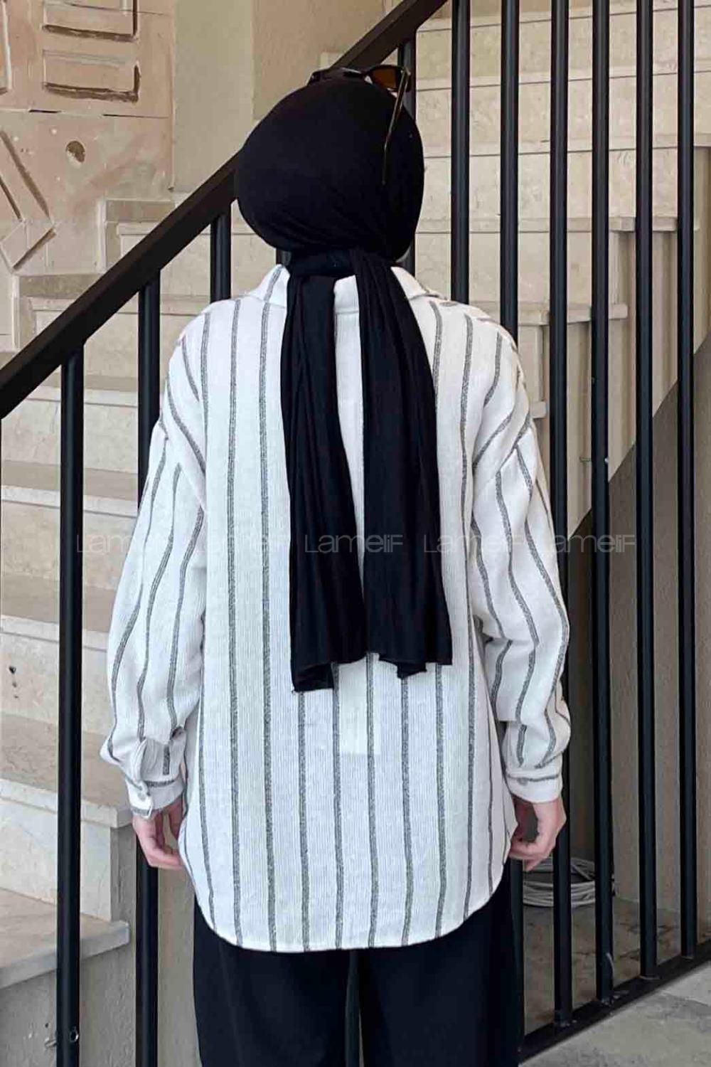 Lamelif Kalın Çizgi Detaylı Gömlek Siyah Beyaz