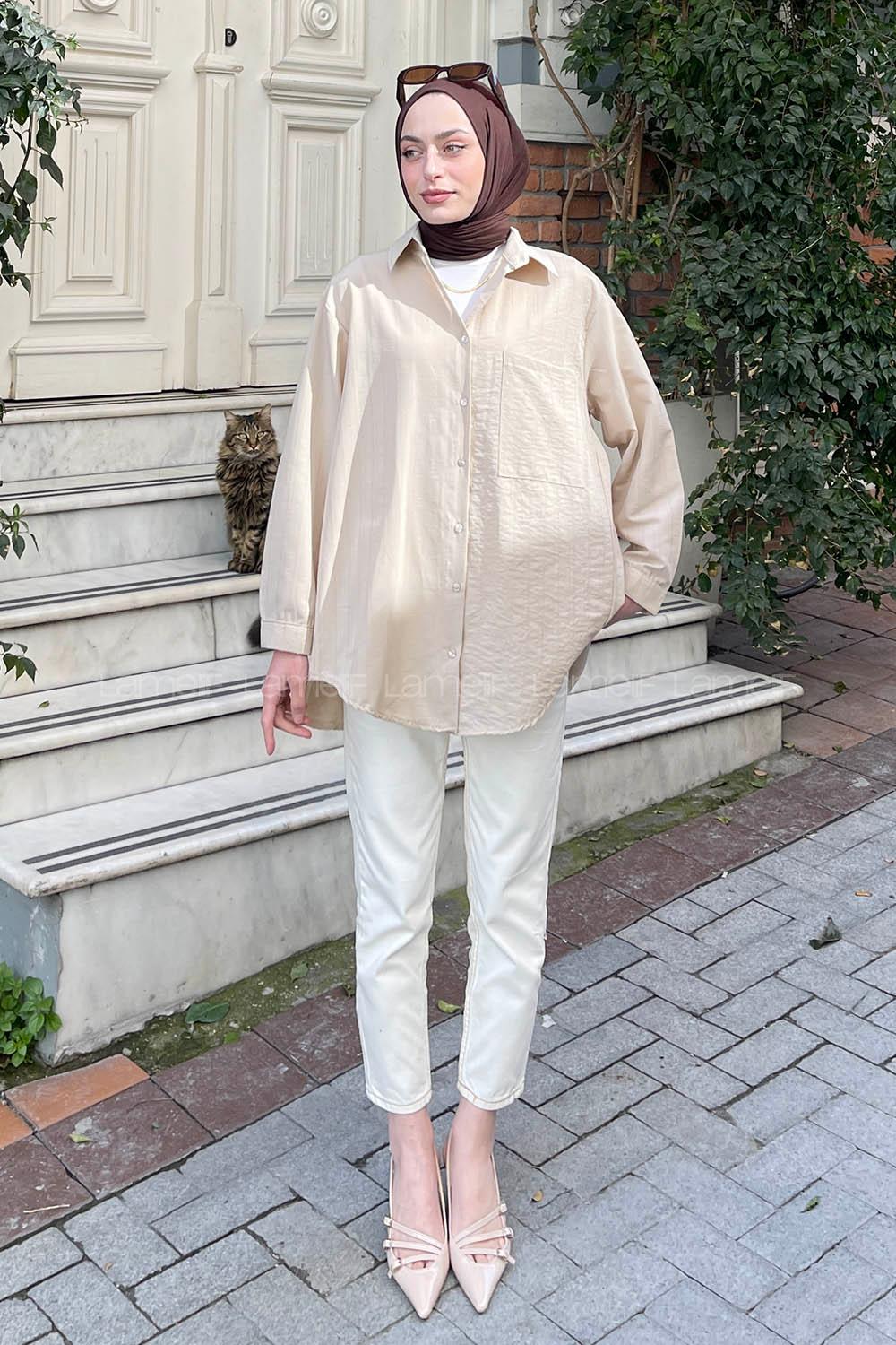 Beige Shirt Collar Long Arm Poplin Fabric Shirt