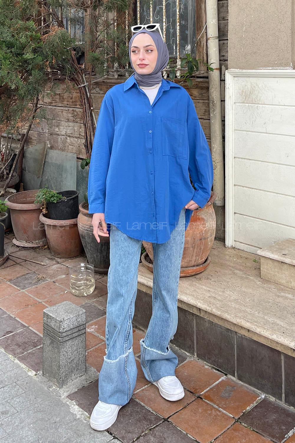 Lamelif Tek Cep Detaylı Çizgi Geçişli Gömlek Mavi