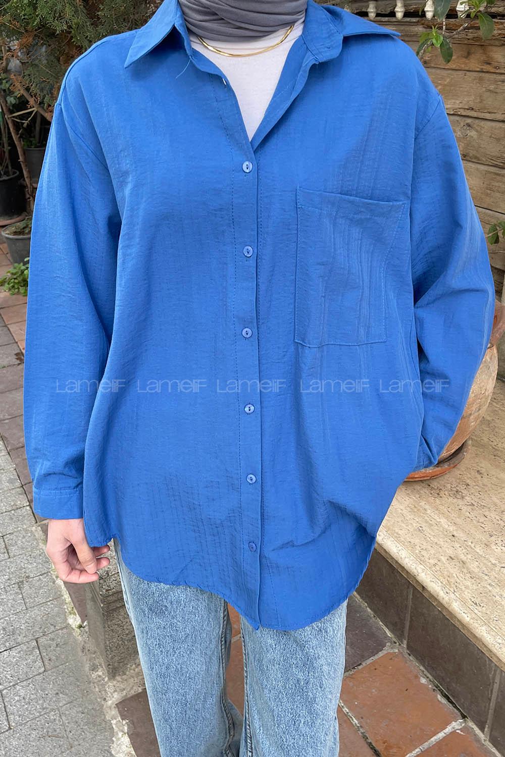 Lamelif Tek Cep Detaylı Çizgi Geçişli Gömlek Mavi