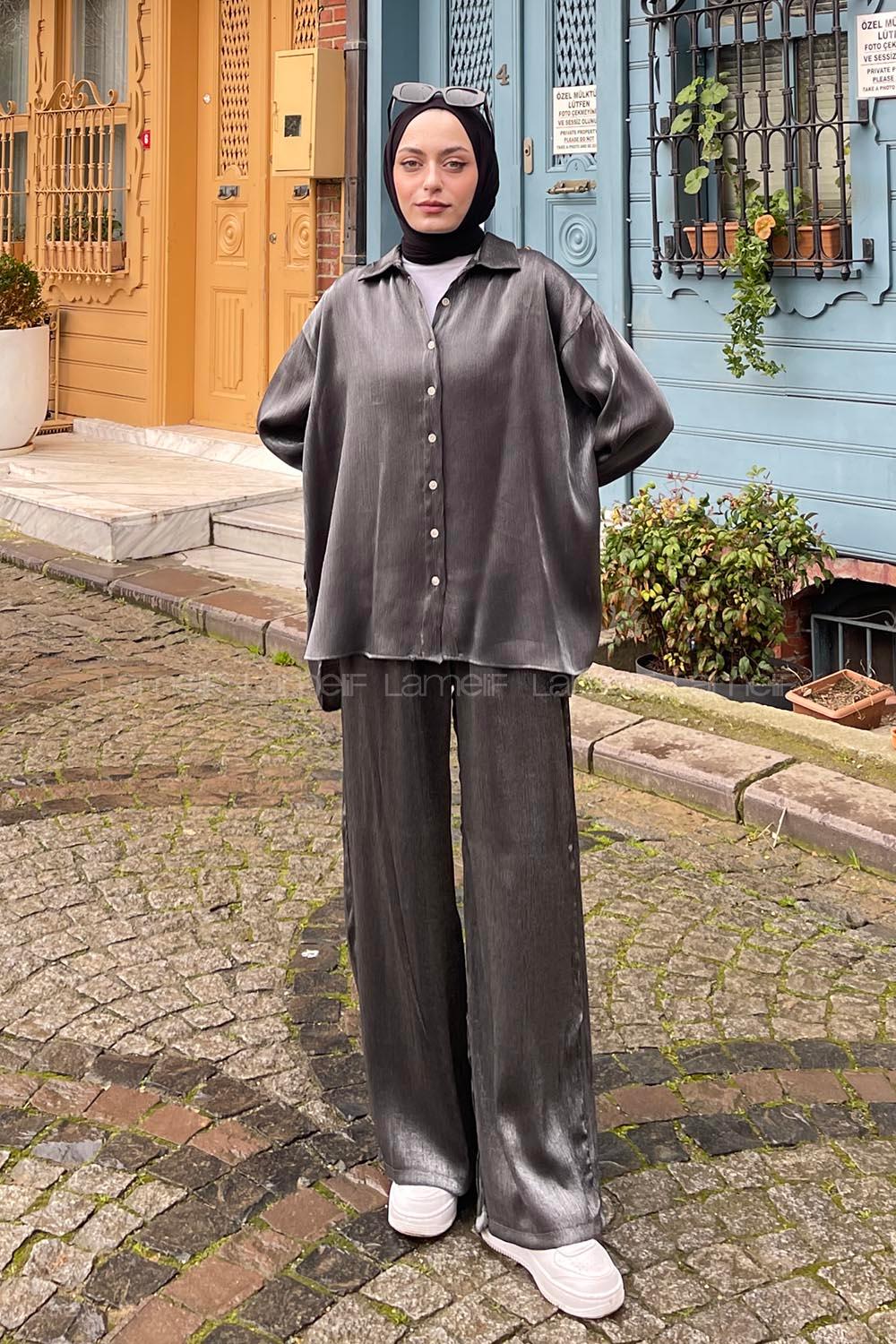 Anthracite Shirt Collar Long Arm Buttoned Viscose Fabric Regular Trousers Comfortable Suit