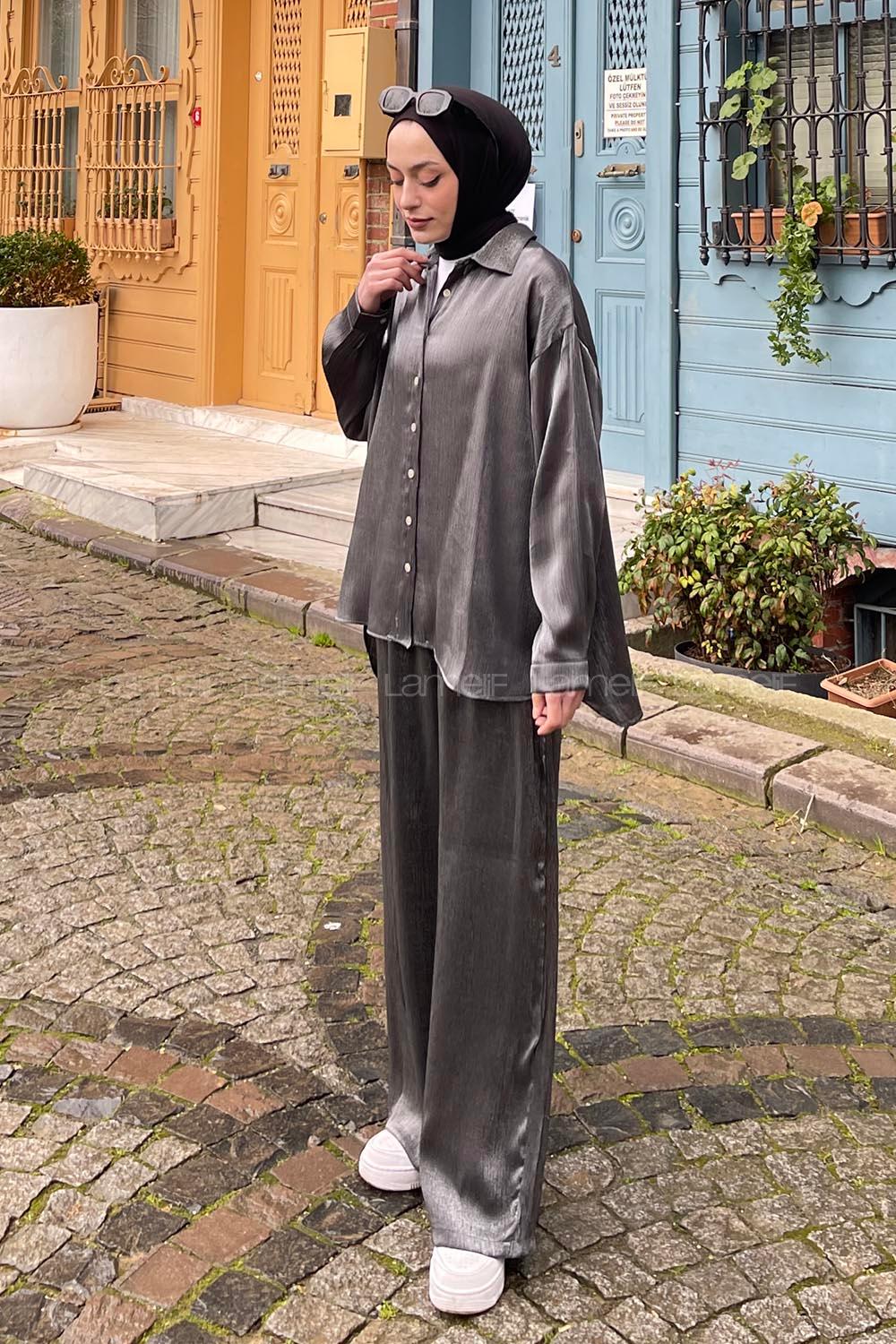 Anthracite Shirt Collar Long Arm Buttoned Viscose Fabric Regular Trousers Comfortable Suit