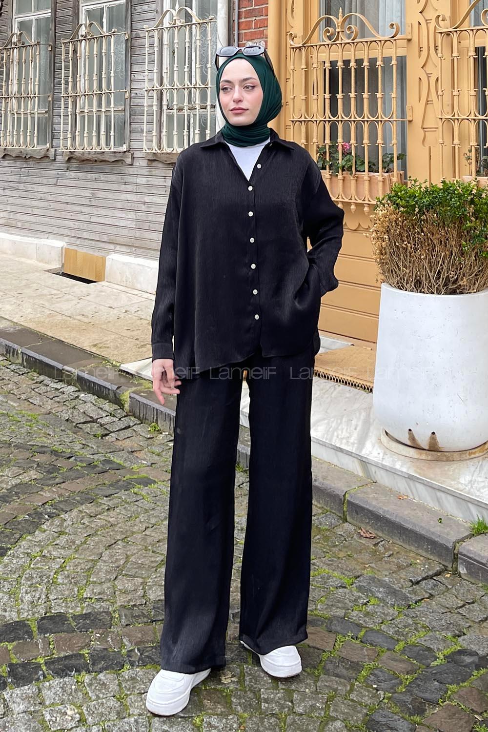 Black Shirt Collar Long Arm Buttoned Viscose Fabric Regular Trousers Comfortable Suit