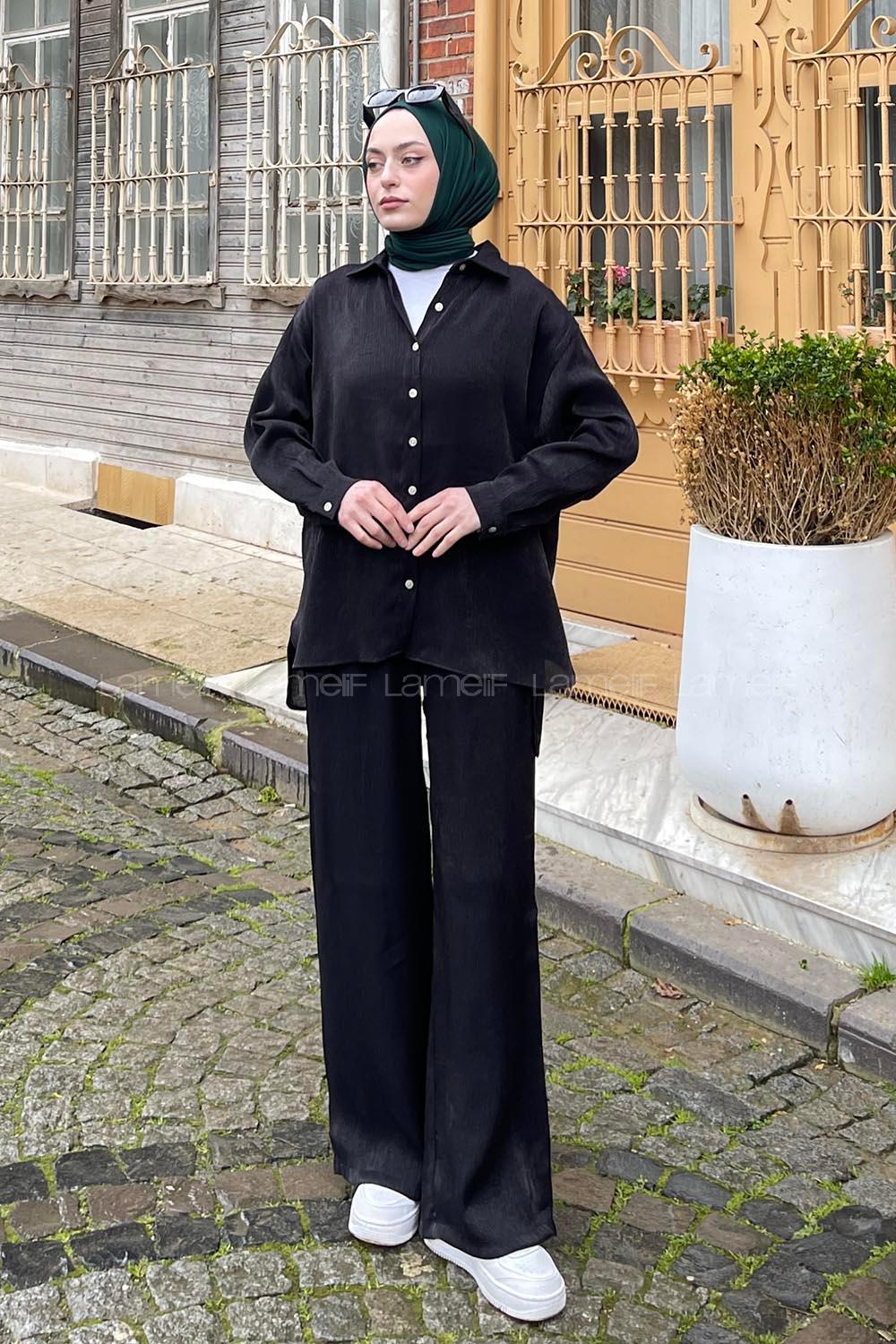Black Shirt Collar Long Arm Buttoned Viscose Fabric Regular Trousers Comfortable Suit