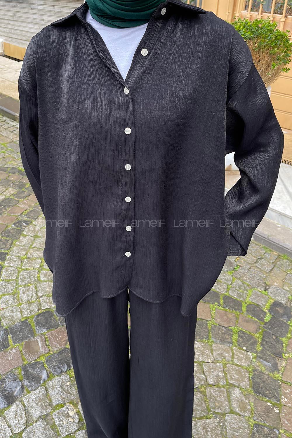 Black Shirt Collar Long Arm Buttoned Viscose Fabric Regular Trousers Comfortable Suit