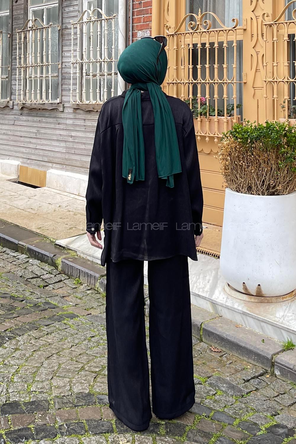 Black Shirt Collar Long Arm Buttoned Viscose Fabric Regular Trousers Comfortable Suit