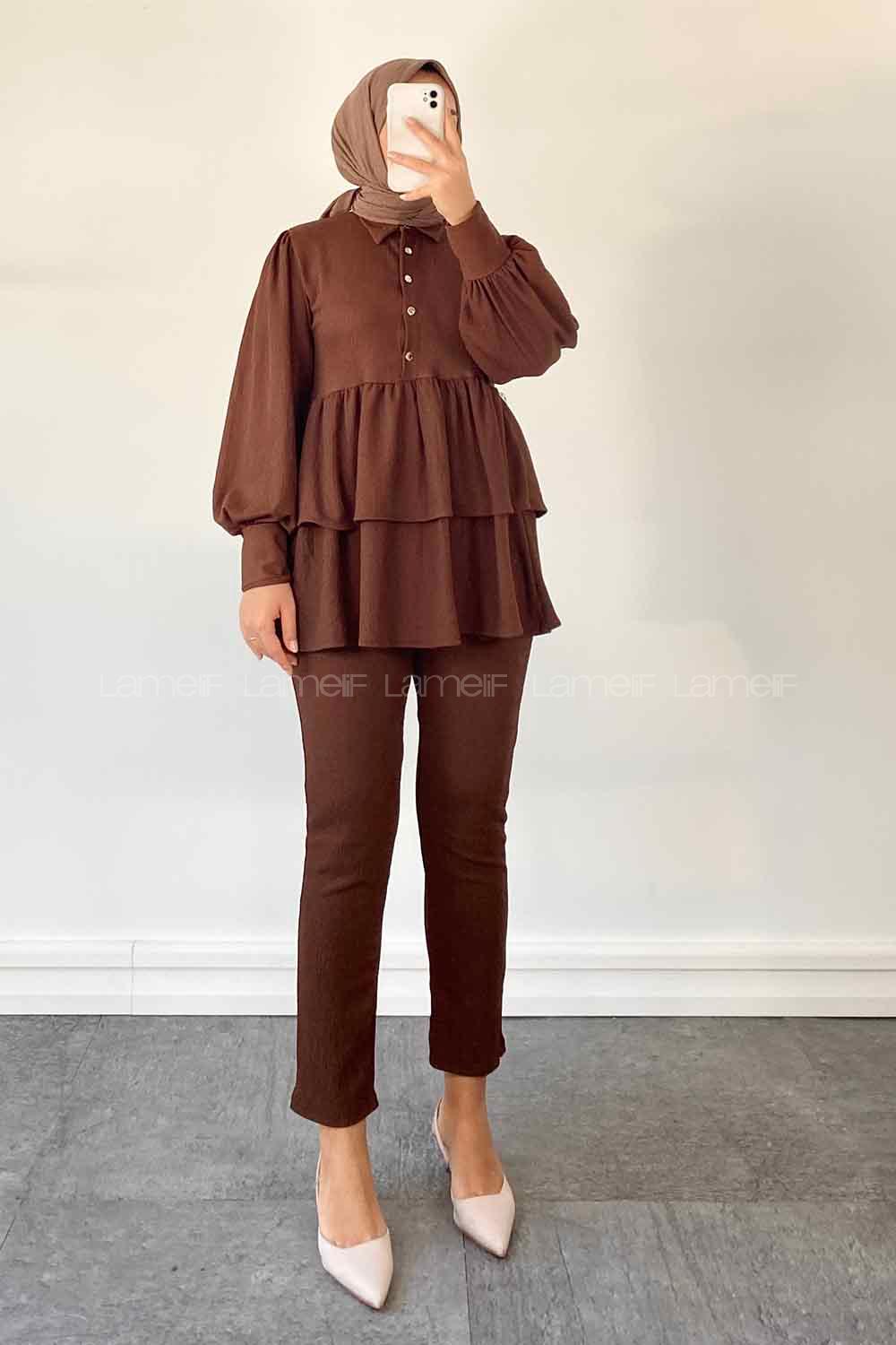 Bitter Brown Shirt Collar Long Arm Poplin Fabric Narrow Leg Comfortable Suit