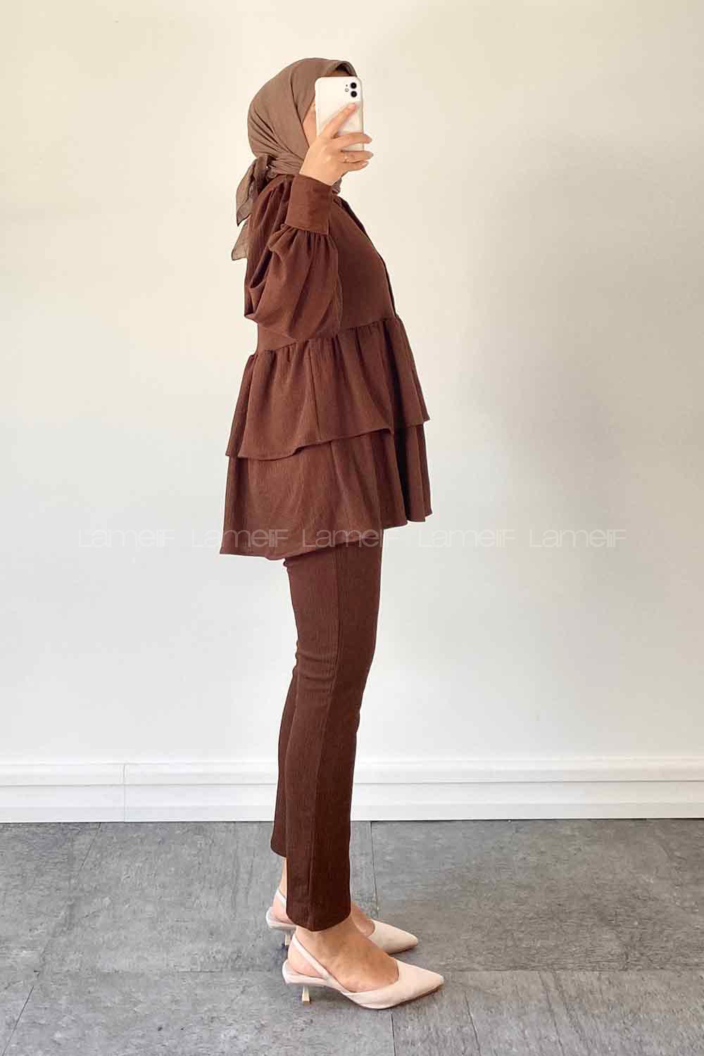 Bitter Brown Shirt Collar Long Arm Poplin Fabric Narrow Leg Comfortable Suit