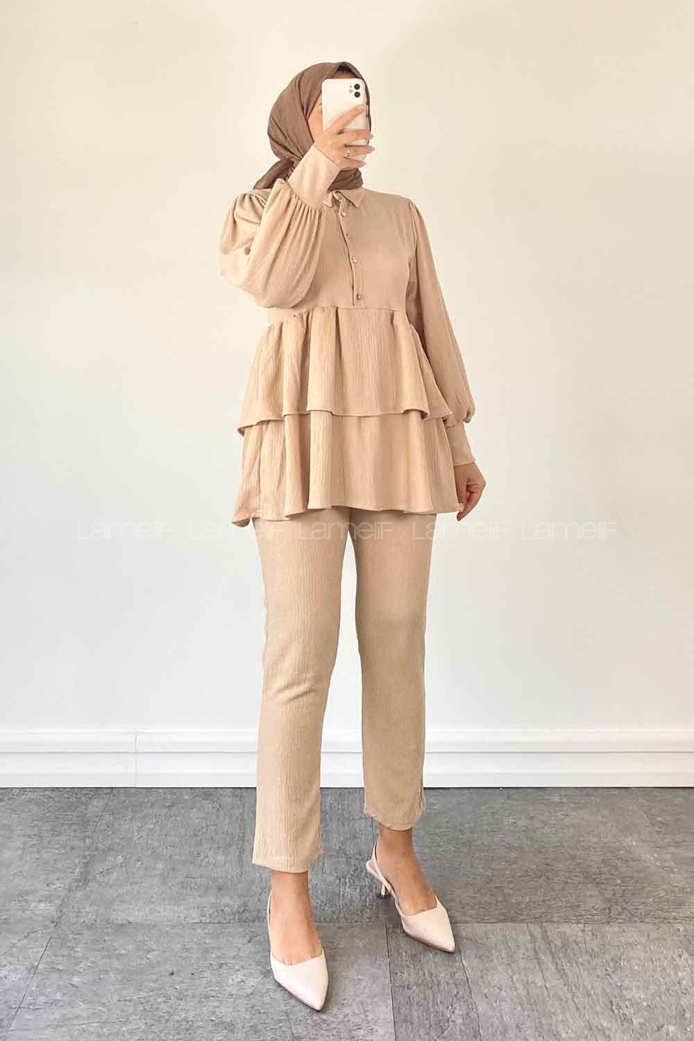 Beige Shirt Collar Long Arm Poplin Fabric Narrow Leg Comfortable Suit