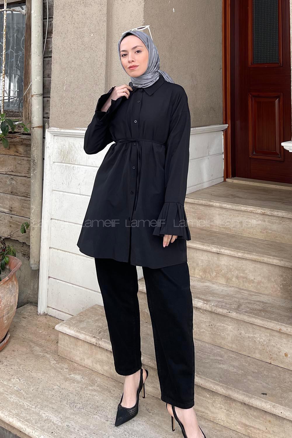 Lamelif Kol Piliseli Gömlek Siyah