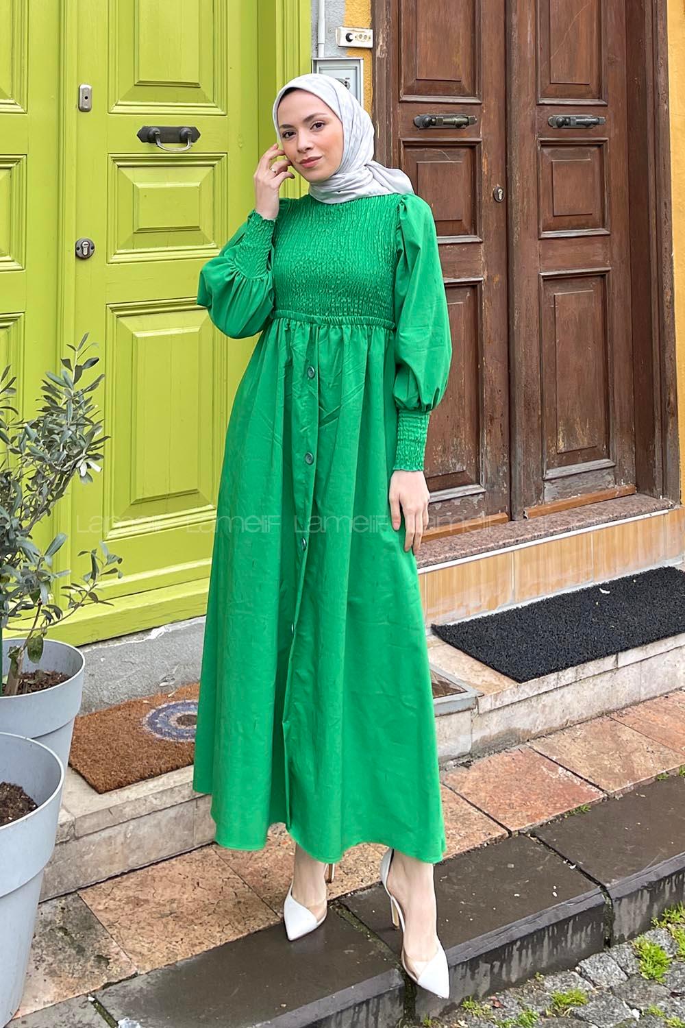 Lamelif Önü Büzgülü Düğme Detay Elbise Yeşil