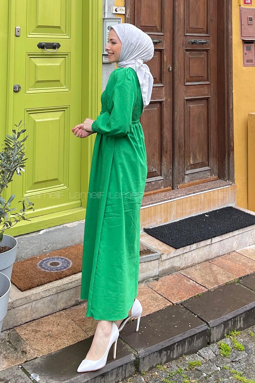 Lamelif Önü Büzgülü Düğme Detay Elbise Yeşil