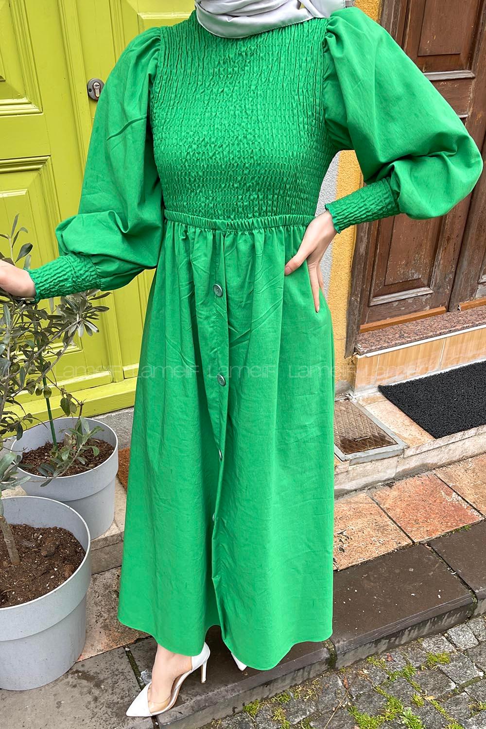 Lamelif Önü Büzgülü Düğme Detay Elbise Yeşil