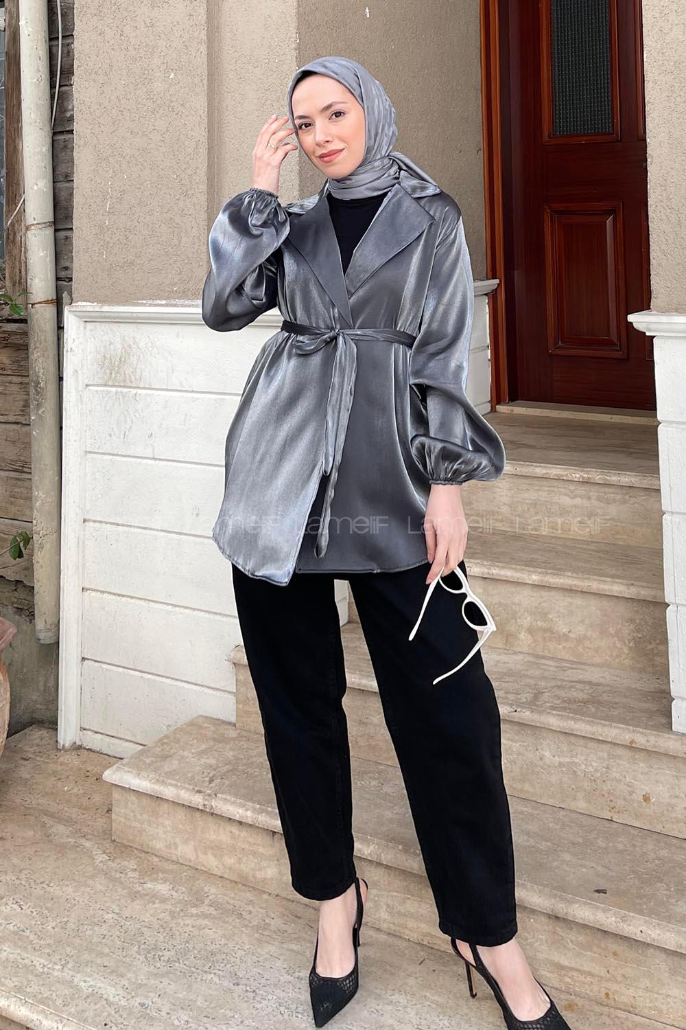 Anthracite Scarf Neck Long Arm Viscose Fabric Jacket