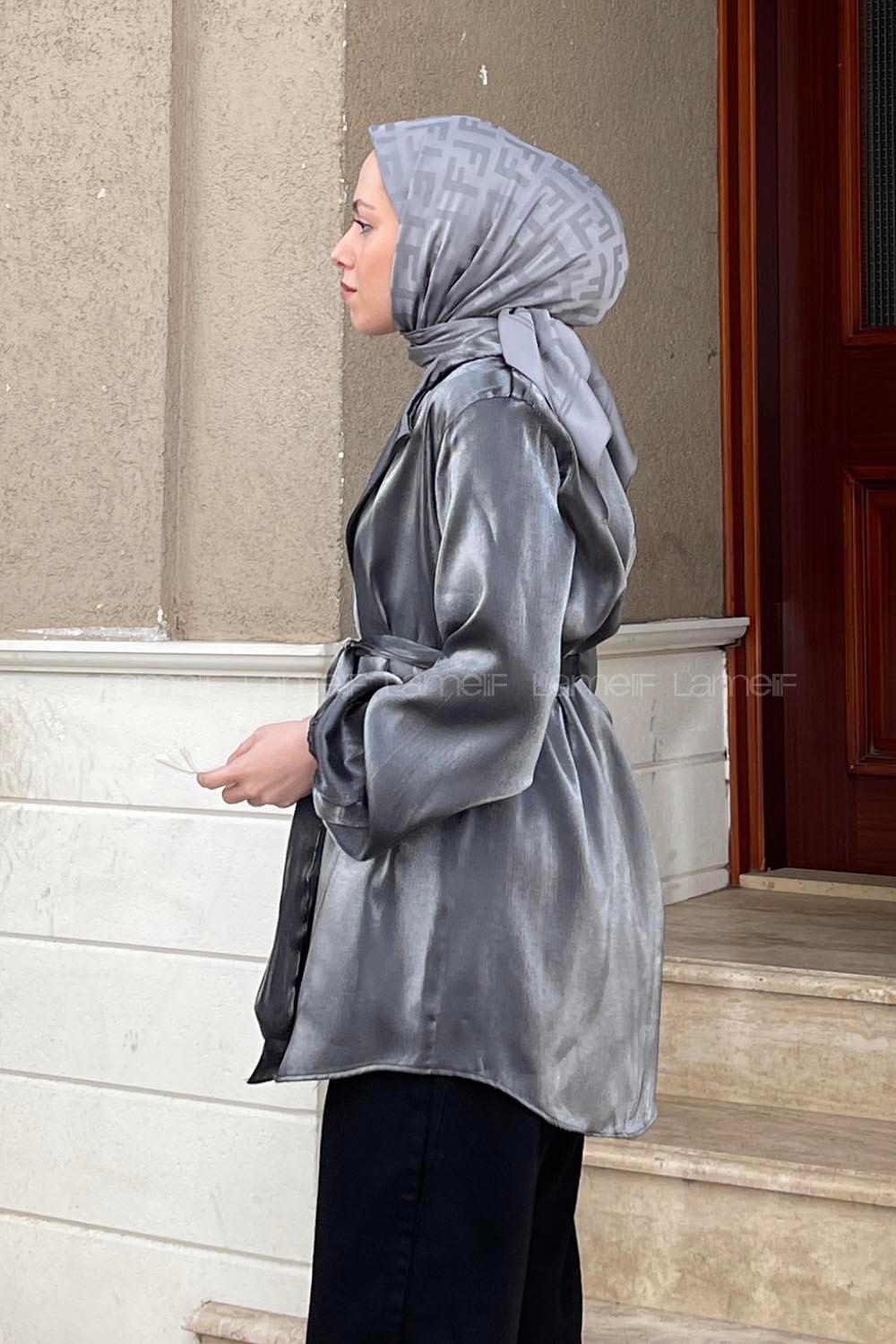 Anthracite Scarf Neck Long Arm Viscose Fabric Jacket